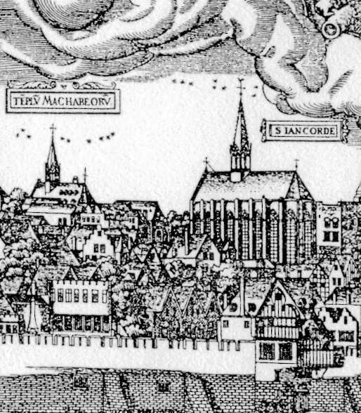 Die untergangenen Kirchen der Machaber und Johann-Cordula in der Stadtansicht von Woensam. - © G. Franke