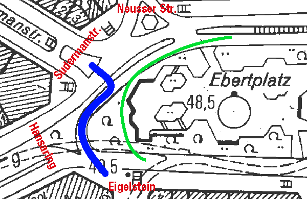 Neue Variante 2: Der Fuweg fhrt ber die bestehende Busspur direkt zur Sudermanstrae! Der bergang Hansaring entfllt. (blau: Fuweg; grn: Bus) - © gf  2005