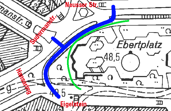Neue Variante 1: Die Wege fr Bus und Fugnger werden getauscht. Als Option entsteht ein neuer berweg zur Sudermanstrae. (blau: Fuweg; grn: Bus) - © gf  2005