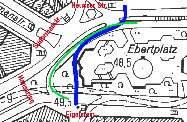 Alternative; Weg vom bestehenden bergang an der Dresdner Bank durch die Busspur dann im Bogen auf den Eigelstein zu. (blau: Fuweg; grn: Bus) - © gf  2005